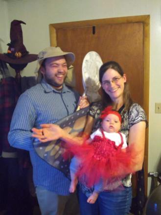 My wife, baby and I at a recent Halloween party. Butterfly, ladybug, and bug catcher respectively. Aren't we cute!